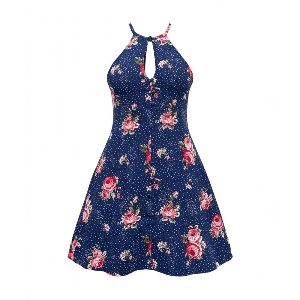 Women's Navy Pink Floral Sleeveless Halter Keyhole Neck A-Line Short Dress M